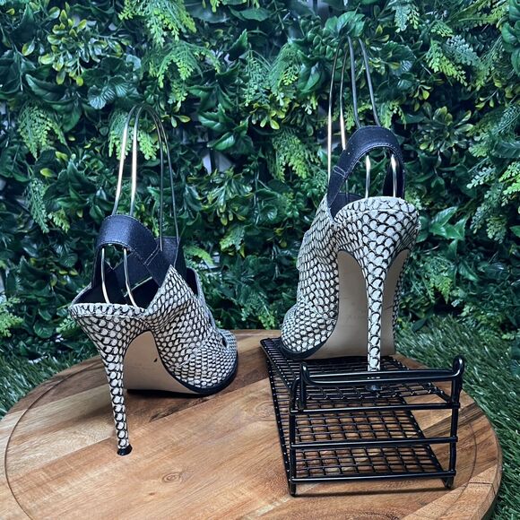 NINE WEST Heels‎ Women 9 Black White Snake Print Open Toe Sling back 2108 - Picture 6 of 13